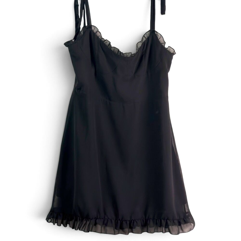 black mini dress sz l ruffle trim tie straps corset bust sheer hem goth coquette - Picture 1 of 8